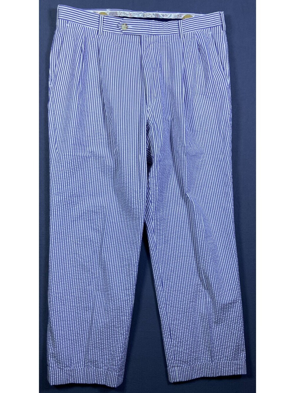 Vintage Berle Pants Mens 36R 36x28 Blue White Cotton Seersucker Striped Trouser